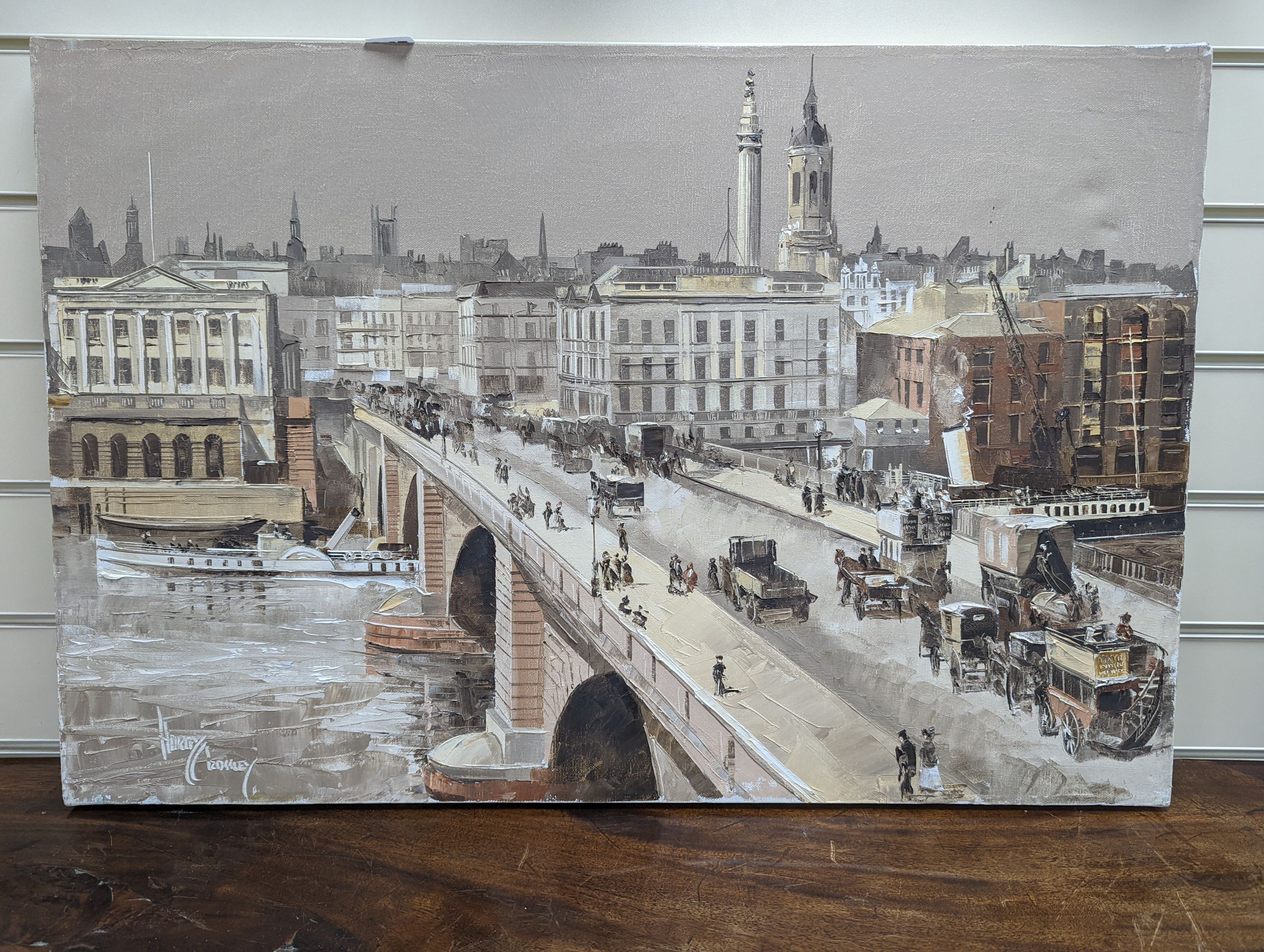 Harley Crossley (1936-), oil on canvas, London Bridge 1910, signed, 50 x 76cm, unframed
